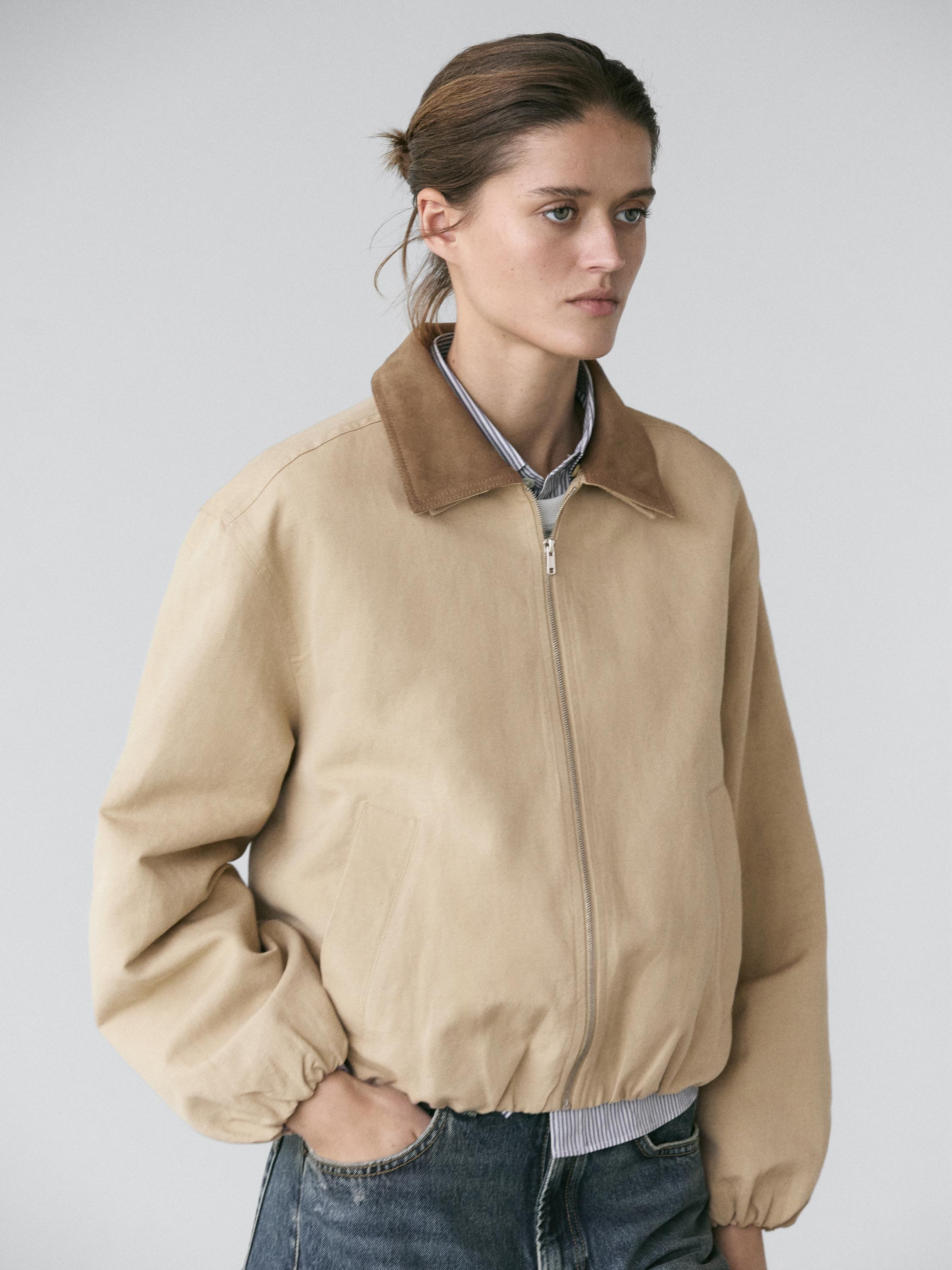 Short suede leather jacket with collar detail